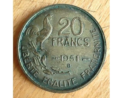 20 франков 1951 B год Франция Петух
