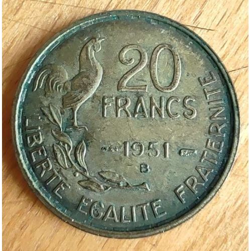 20 франков 1951 B год Франция Петух