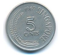 5 центов 1967 год Сингапур