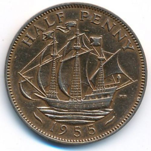 1/2 пенни 1955 год Великобритания Пол пенни, half penny Елизавета II