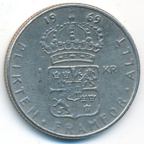 1 крона 1969 год Швеция Густав VI Адольф