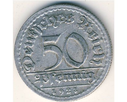 50 пфеннигов 1921 год D Германия Веймарская Республика Состояние F