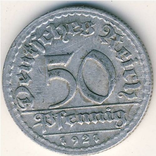 50 пфеннигов 1921 год D Германия Веймарская Республика Состояние F