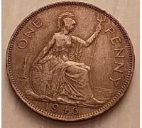 1 пенни 1946 год Великобритания, one penny Георг VI