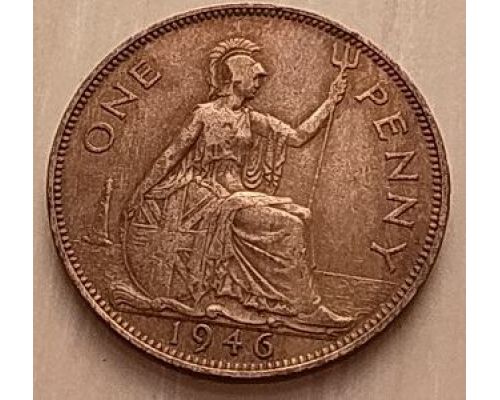 1 пенни 1946 год Великобритания, one penny Георг VI