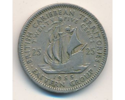 25 центов 1955 год Восточные Карибы Корабль Френсиса Дрейка Golden Hind