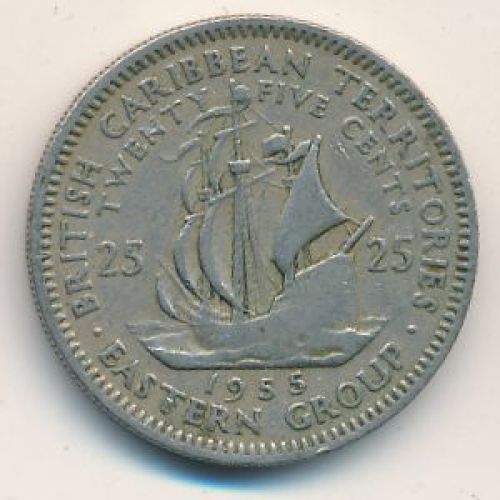25 центов 1955 год Восточные Карибы Корабль Френсиса Дрейка Golden Hind
