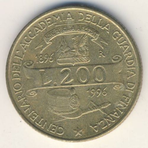 200 лир 1996 год Италия 100 лет Академии финансовой полиции