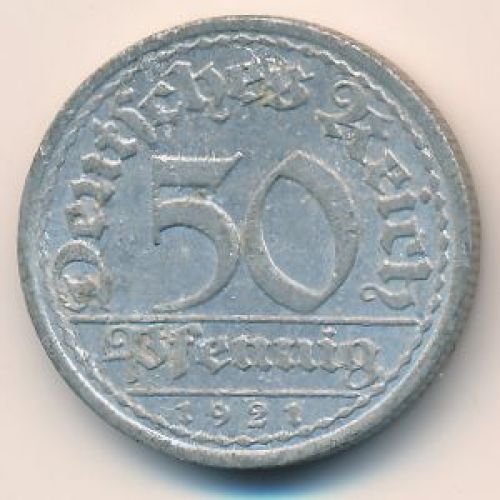 50 пфеннигов 1921 год A Германия Веймарская Республика Состояние F