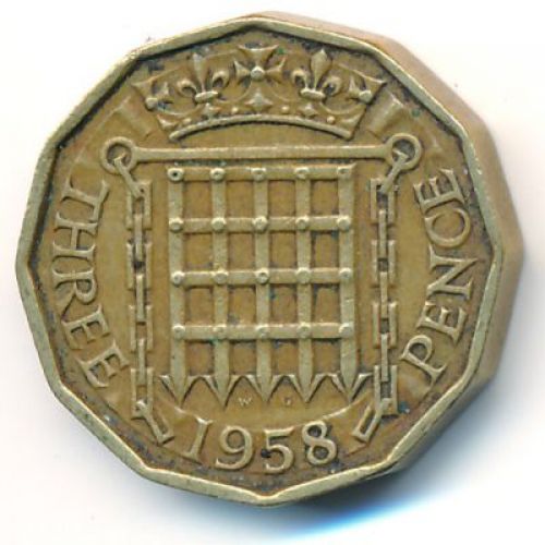 3 пенса 1958 год Великобритания Елизавета II