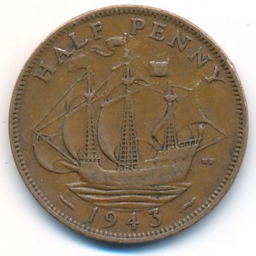1/2 пенни 1943 год Великобритания haif penny Георг IV