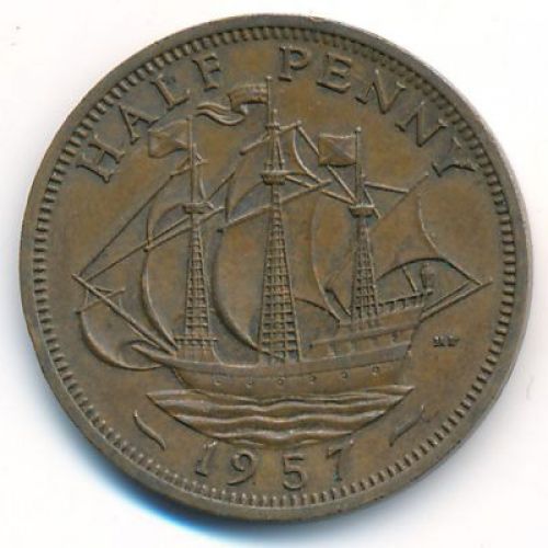 1/2 пенни 1957 год Великобритания haif penny Елизавета II