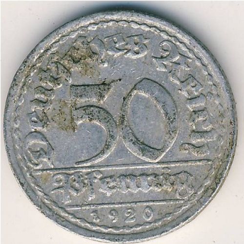50 пфеннигов 1920 год G Германия Веймарская Республика Состояние VG