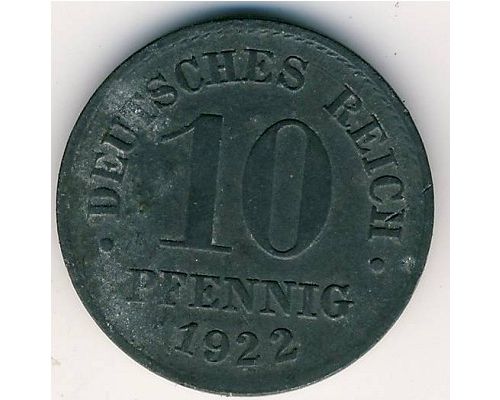 10 пфеннигов 1922 год Германия Состояние VG