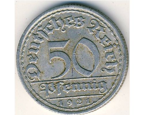 50 пфеннигов 1921 год F Германия Веймарская Республика Состояние F