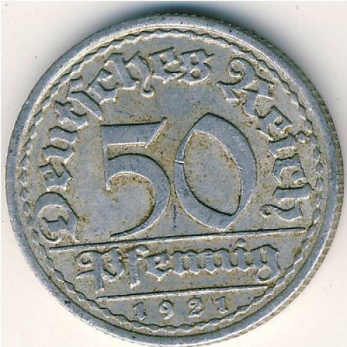 50 пфеннигов 1921 год F Германия Веймарская Республика Состояние F