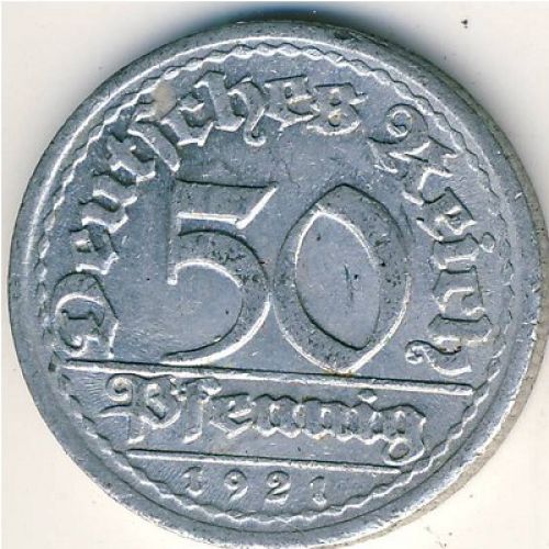 50 пфеннигов 1921 год G Германия Веймарская Республика Состояние VF
