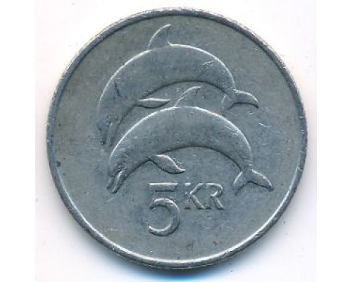 5 крон 1992 год Исландия Дельфины
