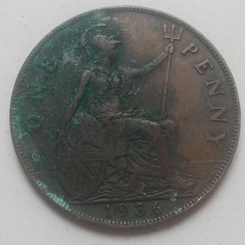 1 пенни 1936 год Великобритания one penny Георг V №4 Состояние VG