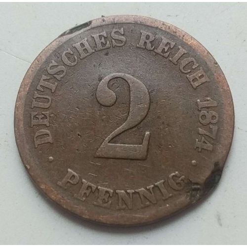2 пфеннига 1874 год C Германия (Германская Империя) Состояние VG