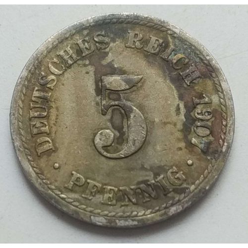 5 пфеннигов 1907 год F Германия (Германская Империя) Состояние VG