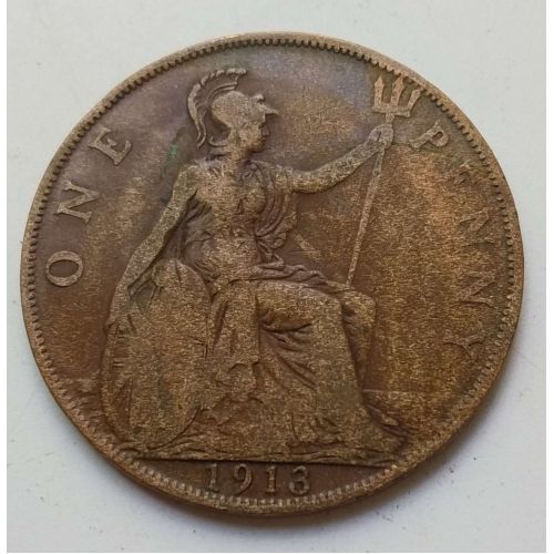 1 пенни 1913 год Великобритания, one penny Георг V