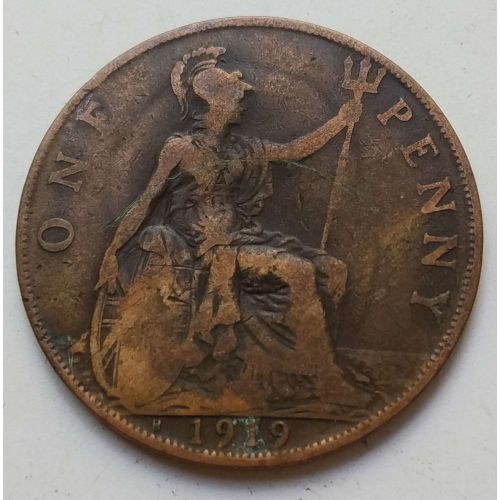 1 пенни 1919 год H Великобритания one penny Георг V Редкая