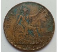 1 пенни 1928 год Великобритания, one penny Георг V состояние VG