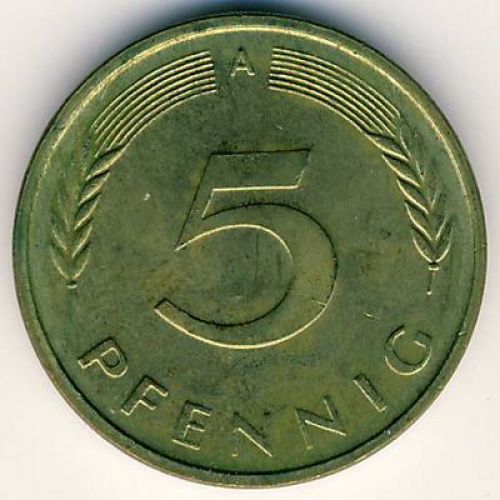5 пфеннигов 1950-2001 год.  A Германия.