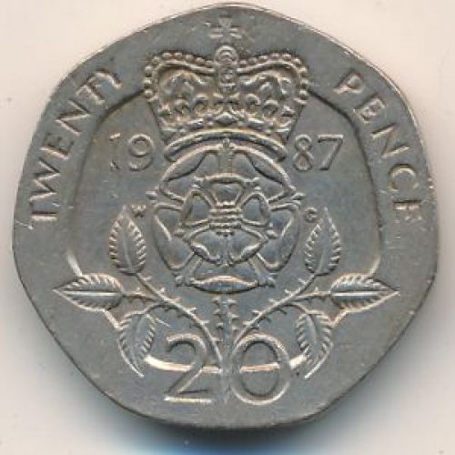 20 пенсов 1987 год. Великобритания. Корона на розе. Елизавета II