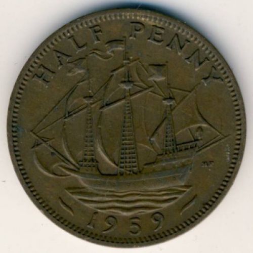 1/2 пенни 1959 год. Великобритания. Пол пенни, half penny. Елизавета II