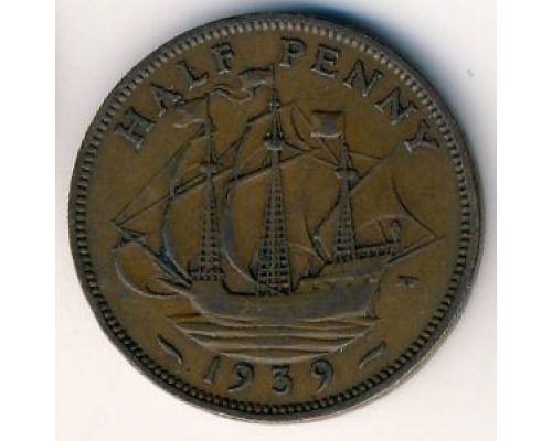 1/2 пенни 1939 год Великобритания Пол пенни, half penny Георг VI
