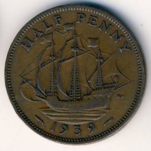 1/2 пенни 1939 год. Великобритания. Пол пенни, half penny. Георг VI