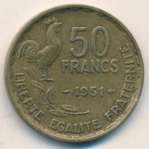 50 франков 1951 год. Франция. Петух