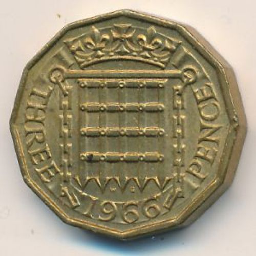 3 пенса 1966 год. Великобритания. Елизавета II