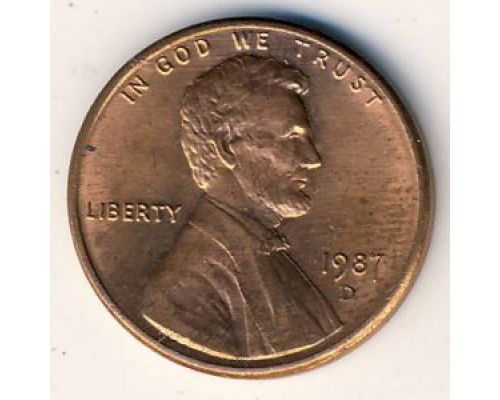 1 цент 1987 D года США Америка 