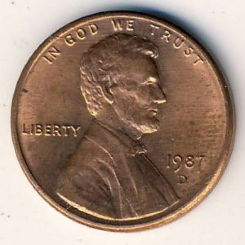 1 цент 1987 D года. США. Америка