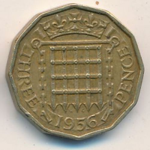 3 пенса 1956 год. Великобритания. Елизавета II