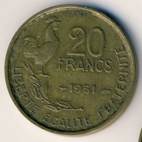 20 франков 1951 год. Франция. Петух