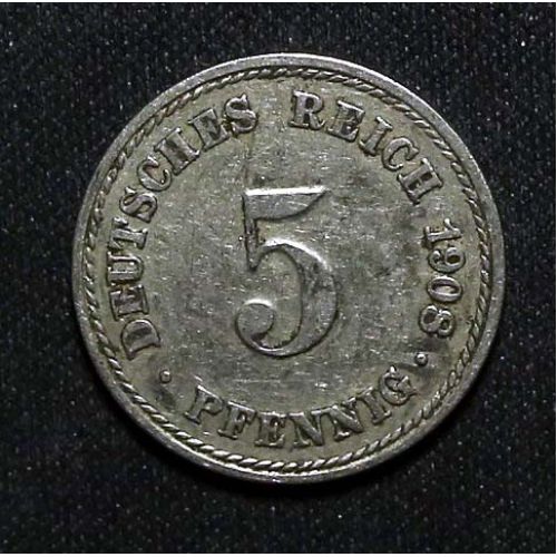 5 пфеннигов 1908 год А Германия (Германская Империя) Состояние VF