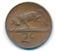 2 цента 1966 год ЮАР Антилопа Гну Йохан Антонисзон ван Рибек South AFRICA
