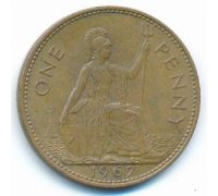 1 пенни 1967 год Великобритания, one penny Елизавета II №2