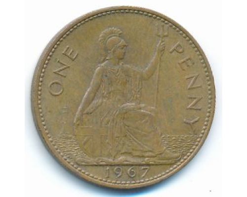 1 пенни 1967 год Великобритания, one penny Елизавета II №2