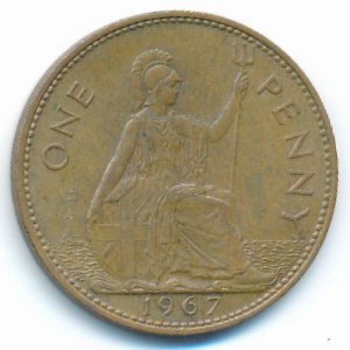 1 пенни 1967 год Великобритания, one penny. Елизавета II №2