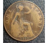 1 пенни 1917 год Великобритания, one penny Георг V №2