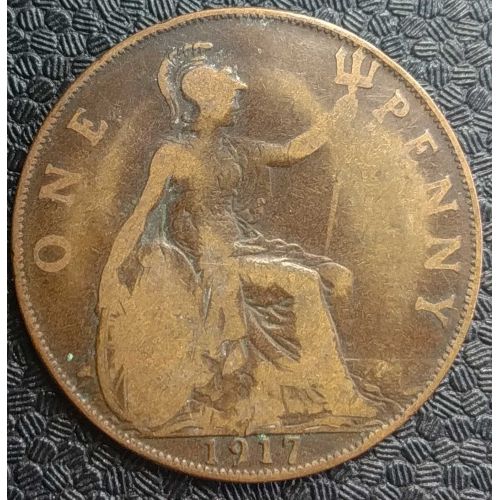 1 пенни 1917 год Великобритания, one penny. Георг V №2