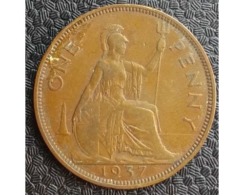 1 пенни 1937 год Великобритания, one penny Георг VI