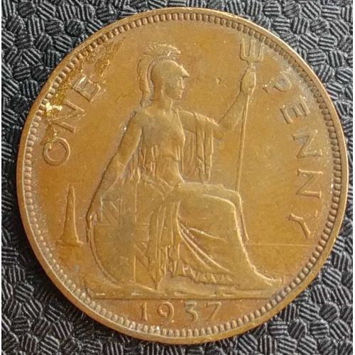 1 пенни 1937 год Великобритания, one penny Георг VI