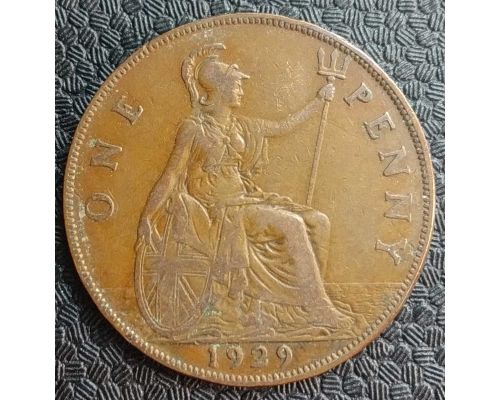 1 пенни 1929 год Великобритания, one penny Георг V
