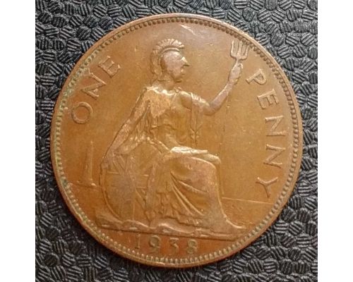 1 пенни 1938 год Великобритания, one penny Георг VI